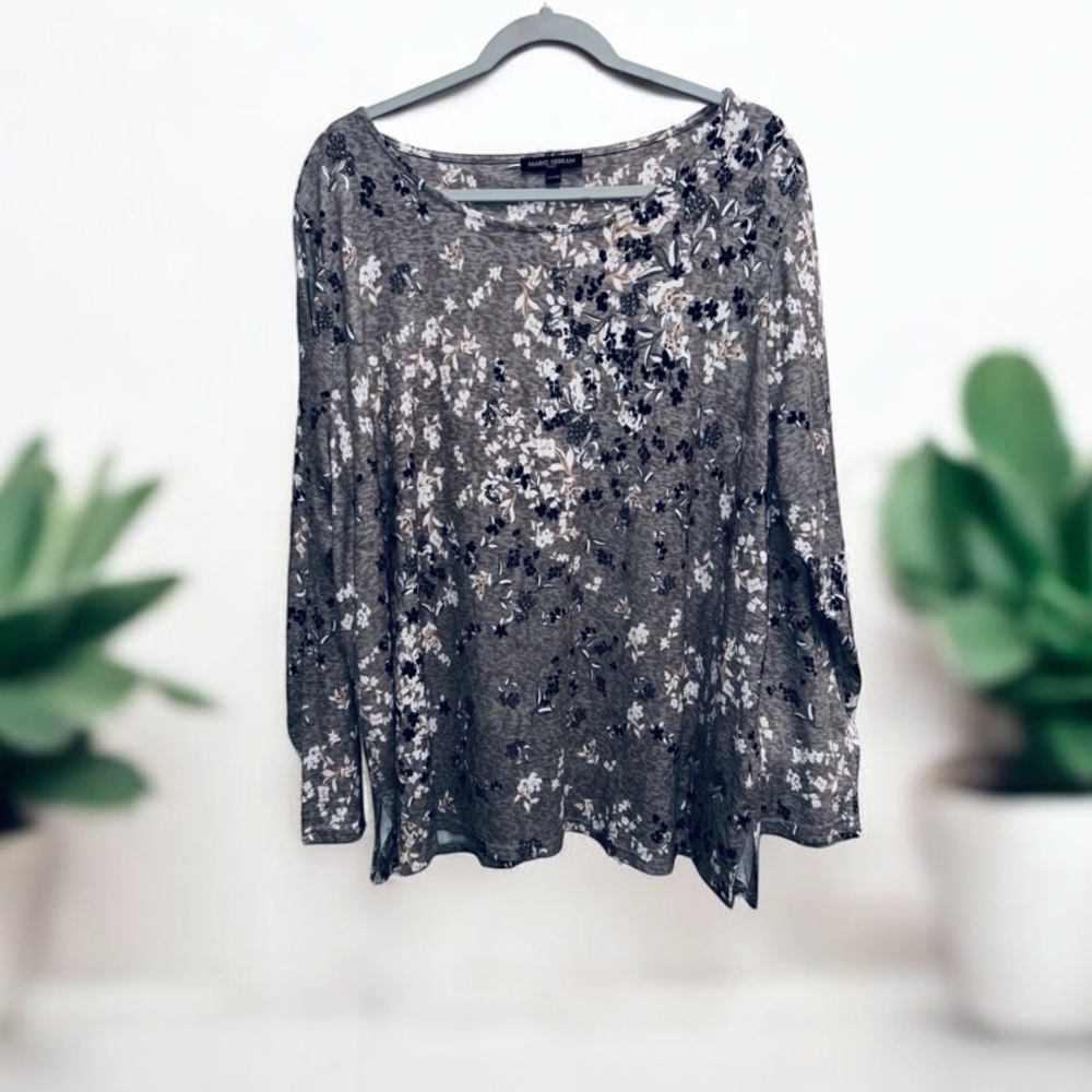 Mario Serrani Women’s Beige Floral Long Sleeve Stretch Tunic Top Size XXL